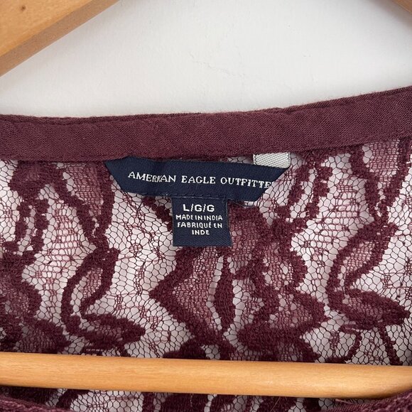 American Eagle Womens Blouse Sheer Lace Top Peplum Keyhole V Neck Purple Large - Picture 3 of 4